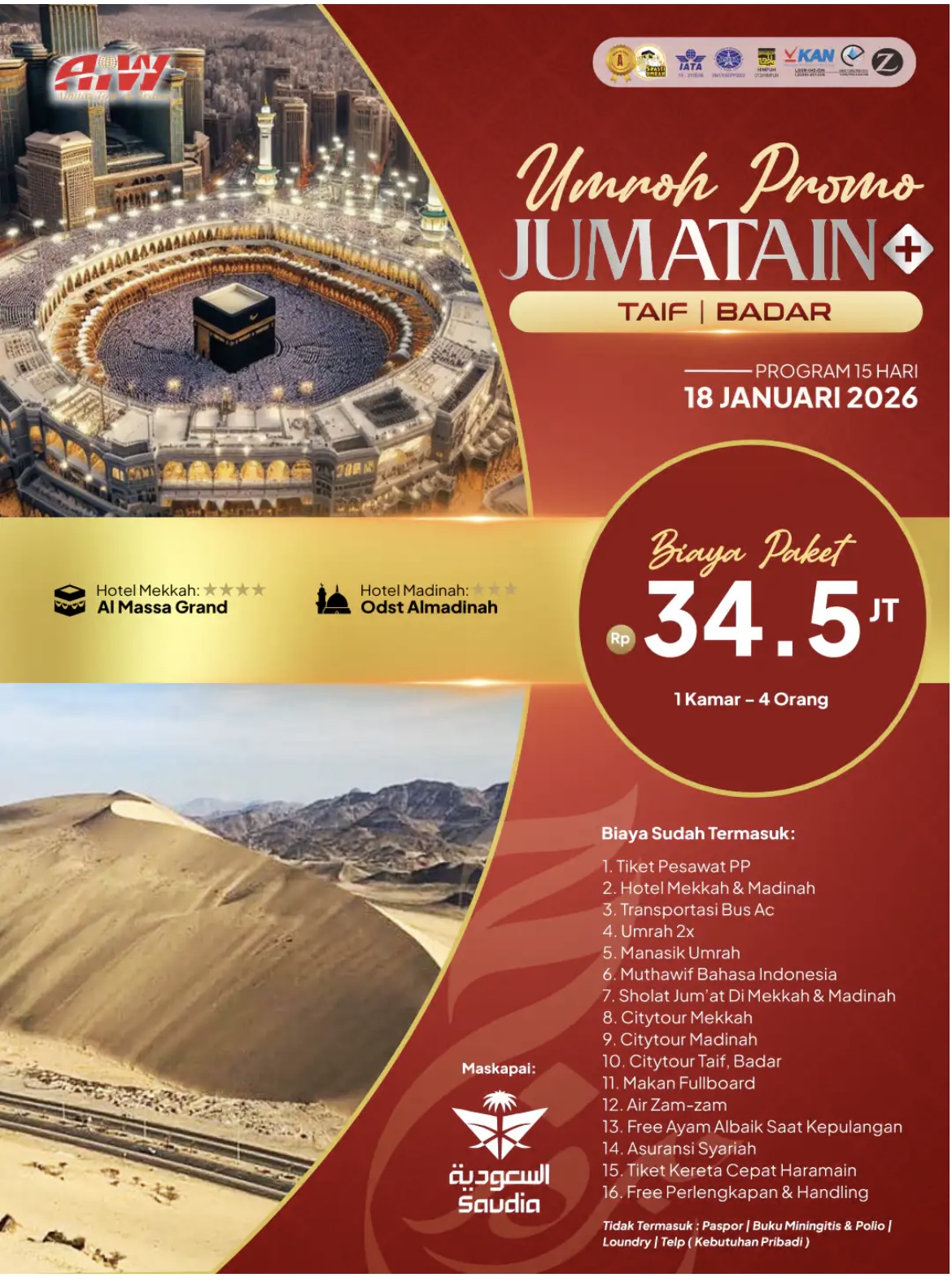 PROMO JUM'ATAIN PLUS TAIF +BADAR 15HR (KERETA CEPAT)
